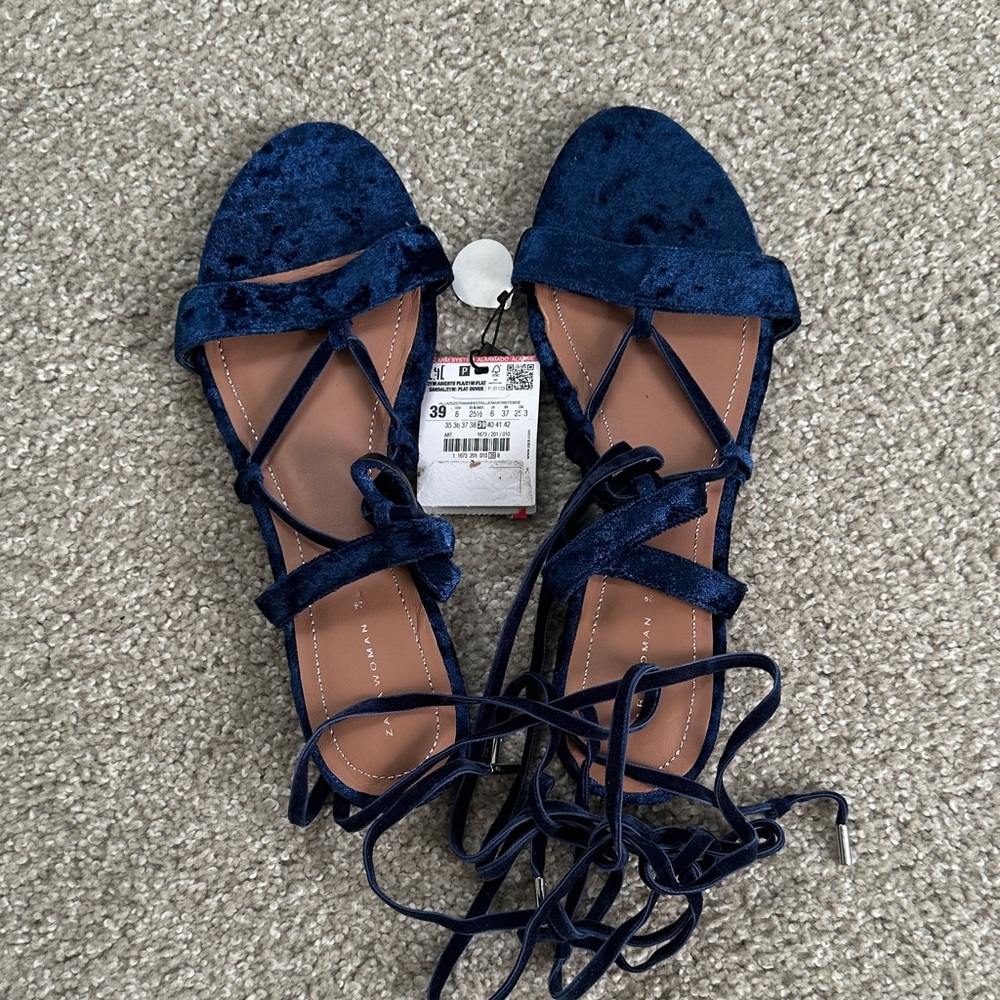 Zara Navy Velvet Lace-Up Sandals
